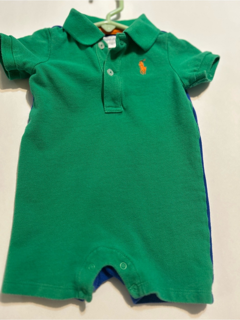 Ralph Lauren Green Polo Romper with Orange Pony